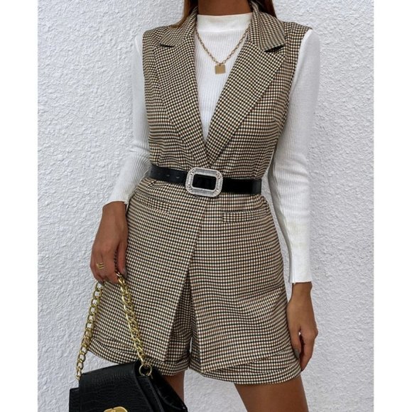 plaid single button waistcoat & shorts set classy chic business casual trending - Picture 5 of 7